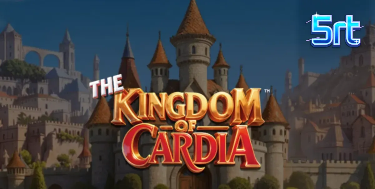 Tampilan visual slot The Kingdom of Cardia dengan latar belakang taman fantasi dan simbol kartu remi.